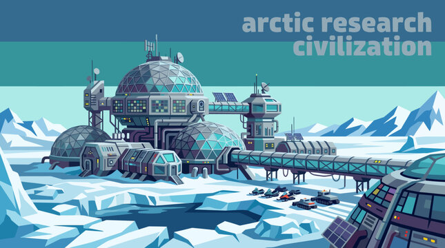 futuristic arctic research civilization environment technology climate transformation science cartoon
