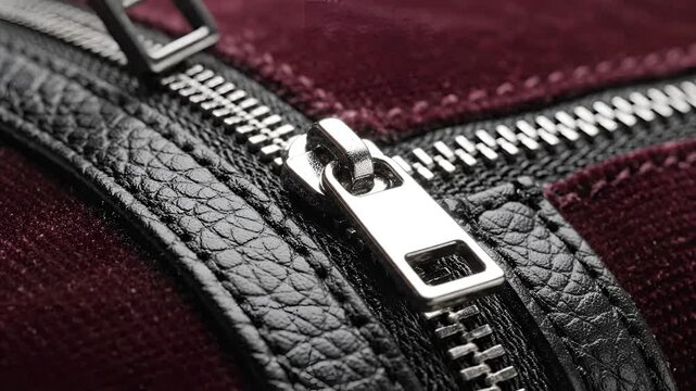 Closeup of a metallic zipper on a textured burgundy leather surface.