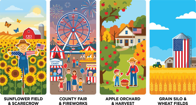 American countryside autumn harvest banners, county fair and farm life illustrations, 4 vector scenes