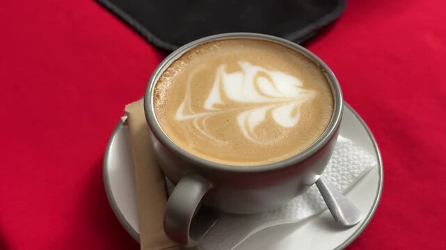 Creamy latte served in stylish gray mug with abstract coffee foam pattern placed on bright red tablecloth creating warm modern cafe mood.