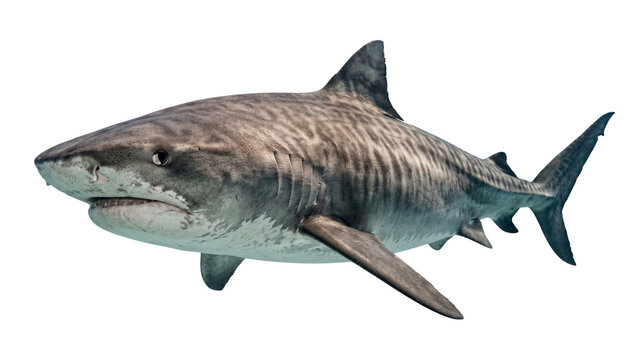 A tiger shark swims in profile displaying distinctive stripes and a visible mouth on transparent background striped galeocerdo cuvier ocean