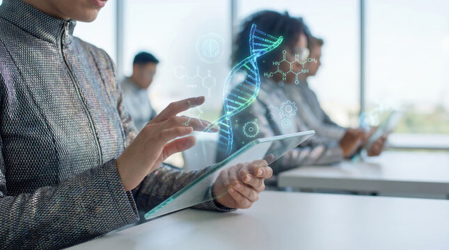 Students use augmented reality to explore DNA models, enabling immersive STEM learning.