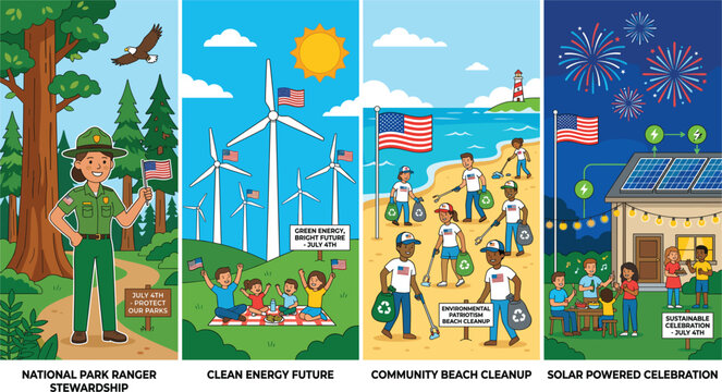 Environmental stewardship vector banners, clean energy and community beach cleanup, solar power celebration