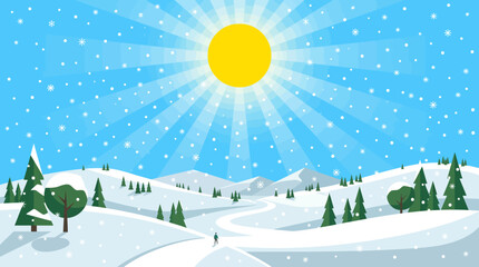 Naklejka premium Winter landscape with snow covered trees and sunny sky