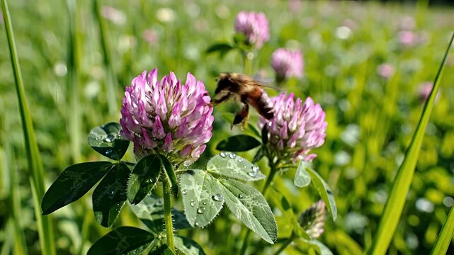 Closeup of Red Clover Flowers in a Sunny Meadow with a Bee.