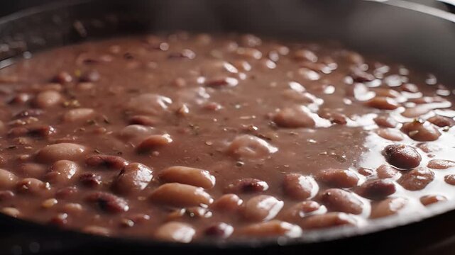 Closeup of simmering pinto beans in a pot steaming and bubbling gently.