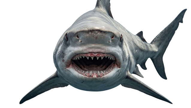 Great white shark with open jaws and visible teeth detailed rendering on transparent background carcharodon carcharias predator ocean marine life