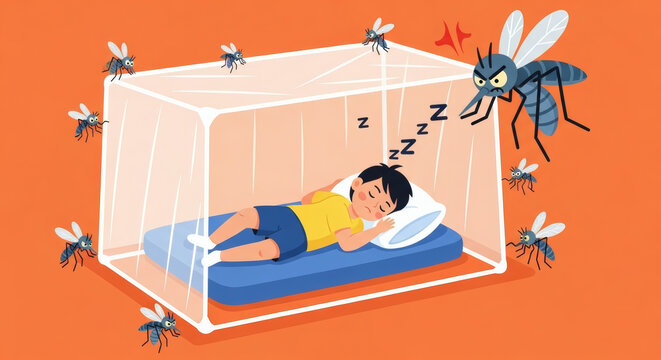 Child sleeping safely inside a mosquito net for protection
