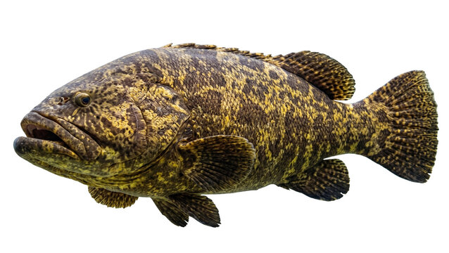 Spotted grouper fish with detailed scales and fins presented as a photographic image on transparent background marine life sea creature