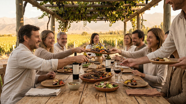 Shared farm-to-table meal at an Argentinian vineyard