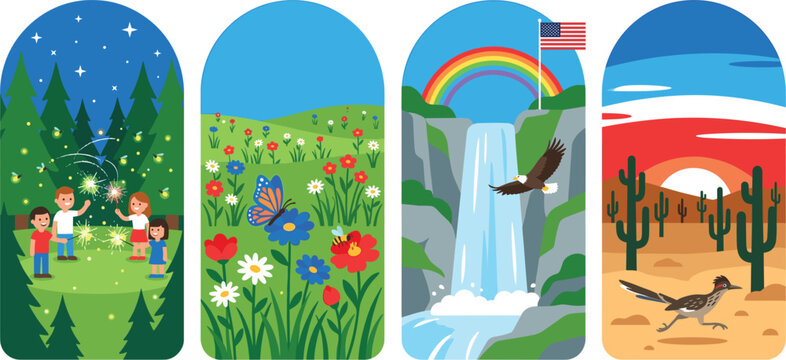 Flat nature landscape banners, colorful outdoor scenery illustrations, set of 4 vertical vector designs