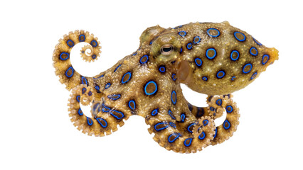 Blue ringed octopus with detailed skin texture and vibrant coloration on transparent background blue ringed cephalopod marine life sea creature ocean © ATIQULISLAM