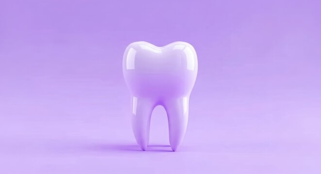 A single white tooth stands against a soft purple background