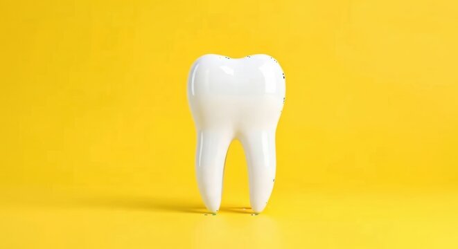 A single white tooth stands out against a bright yellow background