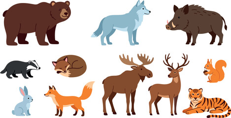 Fototapeta premium Wild animals vector set with forest woodland creature cartoon icons isolated on transparent checkered grid background