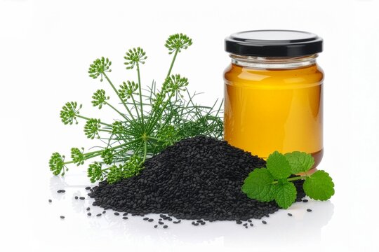 Honey jar with black cumin and flowers isolated on white background