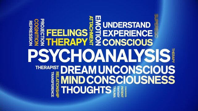Psychoanalysis animated word cloud-text design animation tag kinetic typography seamless loop.