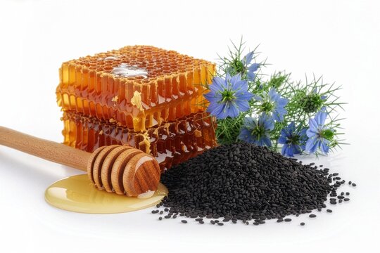 Honeycomb with black cumin honey dipper and Nigella flower isolated on white background