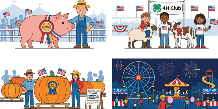 County Fair Illustration Set, 4H Club Livestock Competition, Giant Pumpkin Contest and Carnival Night