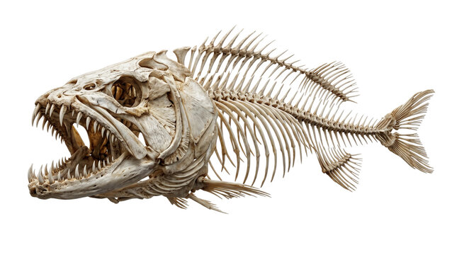 Fish skeleton with visible teeth and spine detailed bone structure on transparent background bones ichthyology anatomy biology osteology vertebrate animal