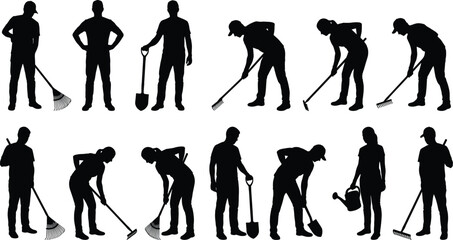 Vector silhouettes of gardeners and farmers working with shovels rakes and watering cans isolated on white © Sadhin Artlance