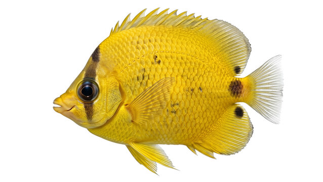 A yellow freshwater angelfish detailed scales and fins side view isolated on transparent background fish cichlid tropical aquarium portrait anatomy