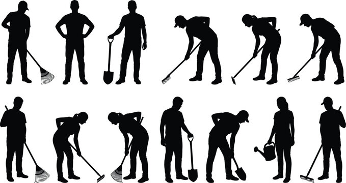 Vector silhouettes of gardeners and farmers working with shovels rakes and watering cans isolated on white