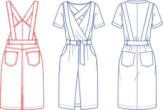 Technical fashion flat sketch of a women's overall dress set featuring a belted pinafore skirt and cross front top