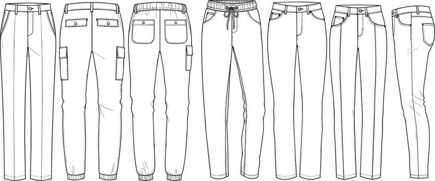 Technical fashion flat sketch collection of mens and womens trousers including cargo pants jeans and drawstring joggers