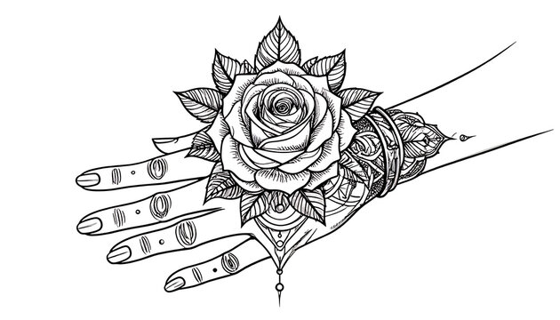 Detailed outline drawing of a hand with intricate henna mehndi patterns and a rose flower on the wrist, artistic tattoo design element, black ink on white