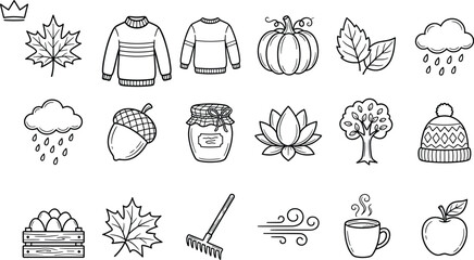 Cozy autumn season line icon set with maple leaves warm sweater pumpkin rain cloud acorn jam jar hat rake and coffee cup vector illustration © MdMahfizur