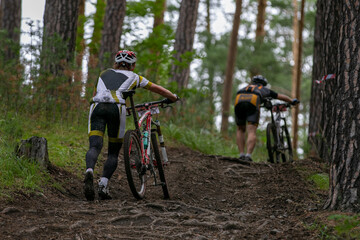 Fototapeta premium Athletes of mountain bike climbing uphill on forest trail