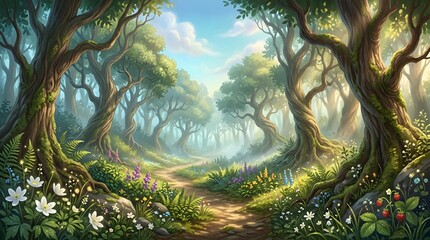 Naklejka premium Enchanted Forest Path with Lush Foliage and Wildflowers