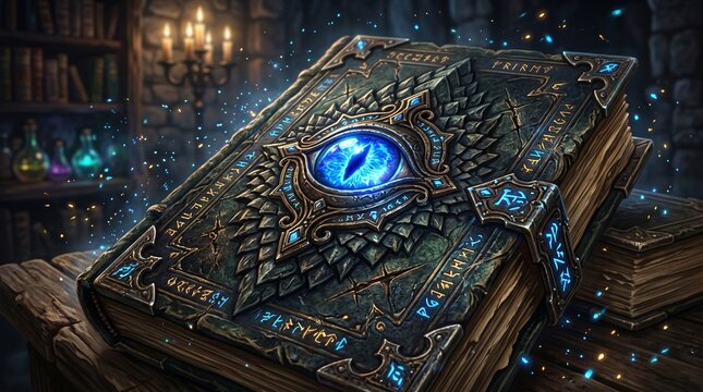 A close-up macro shot of an ancient fantasy spellbook with a glowing magical blue eye on its cover.