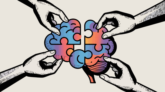 Four hands assembling a colorful brain puzzle representing teamwork, collaboration, and collective intelligence