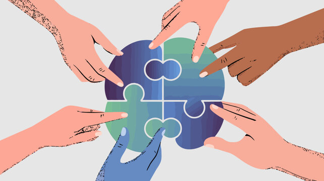 Diverse hands connecting four puzzle pieces together as a team, collaboration and unity concept
