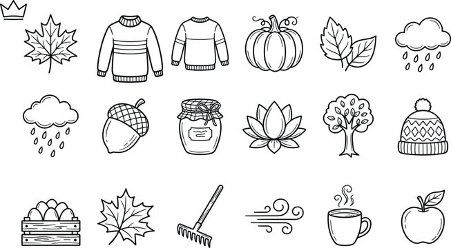 Cozy autumn season line icon set with maple leaves warm sweater pumpkin rain cloud acorn jam jar hat rake and coffee cup vector illustration