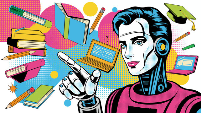 Pop art illustration of a futuristic robot pointing at educational tools like books, laptops, and a graduation cap on a colorful background