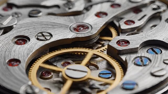 Macro View of Intricate Watch Movement Gears and Escapement Wheel.