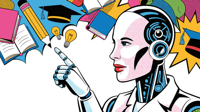 Pop art illustration of a female android robot pointing at educational icons like books, pencils, and graduation caps