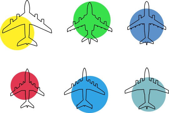 Aircraft top view vector icons set. Silhouettes of American and Russian military and civilian aircraft models. Plane illustration sign collection. Airplane symbol. Air plane, plane, travel. Vector