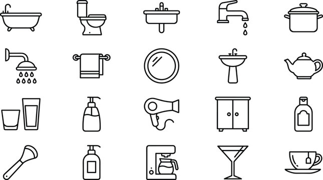 Home interior and bathroom plumbing line icon set with bathtub toilet sink shower faucet pot hairdryer cabinet and kitchen tools vector illustration collection