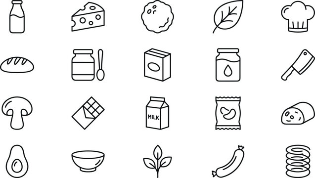 Soy food line icon set with tofu cheese soy milk bottle carton edamame bean sprout sauce meat cleaver and sausage vector illustration collection