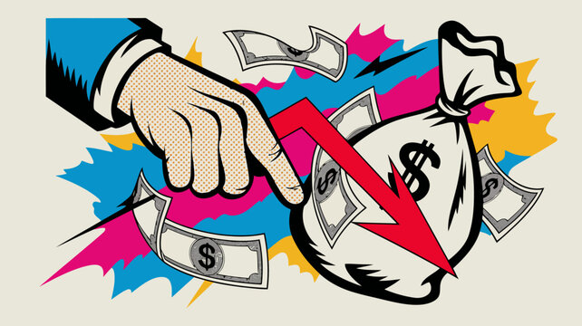 Pop art illustration of a hand pointing at a downward red arrow graph with a money bag and flying dollar bills, financial crisis concept