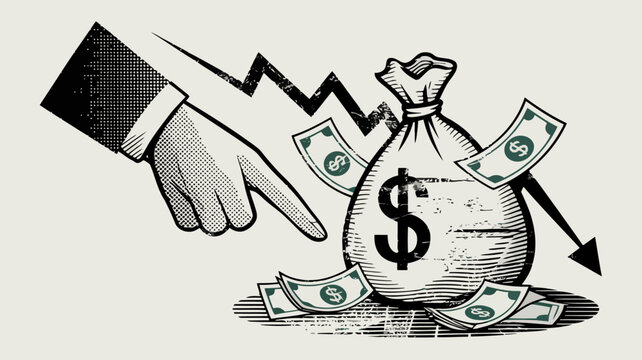 Hand pointing at a money bag with a downward trend arrow, representing financial loss, economic decline, or business failure concept