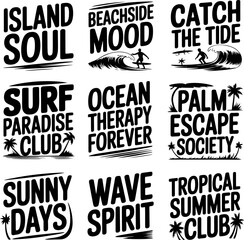 Fototapeta premium Surf-themed logo designs featuring silhouettes of surfers on ocean waves combined with hand-lettered text deliver a stylistic collection for coastal fashion brands and creative summer merchandise.