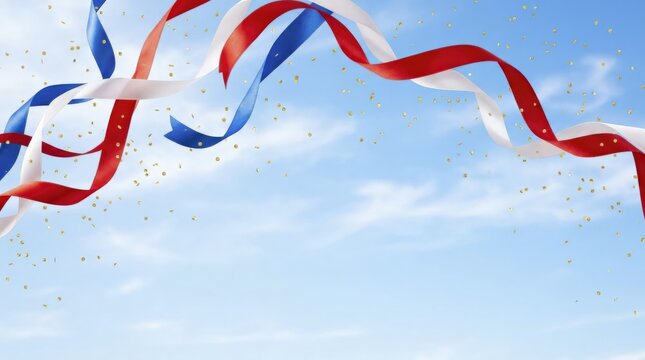 Patriotic Celebration Ribbons and Golden Confetti against a Bright Blue Sky for Festive Events