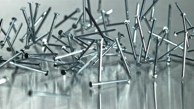 Closeup pile of nails on reflective surface, sharp heads and scattered Filmed on a high-speed camera at 1000 fps.