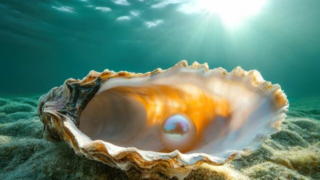 A pearl rests inside a seashell on the ocean floor, bathed in light from above
