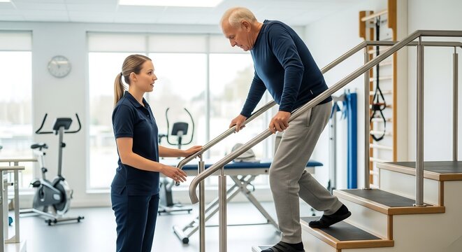 Female physical therapist assisting an elderly man with rehabilitation exercises on stairs in a modern therapy center.